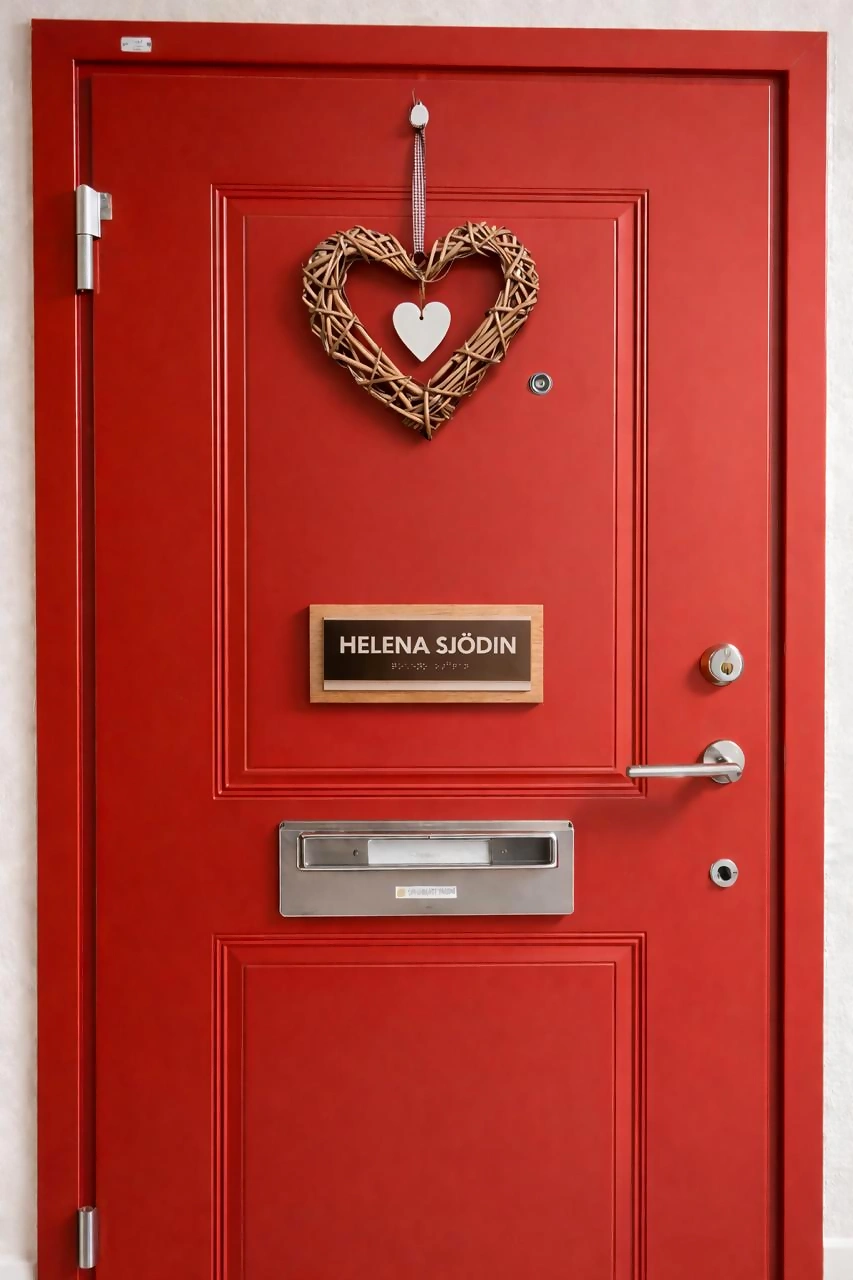 Modern skandinavisk entré med minimalistisk dörr och varm belysning